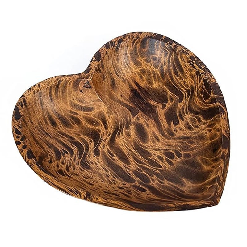 WitnyStore Heart Shaped Wood Bowl 10" Brown Handcrafted Wooden Bowls Collectible Functional Serving Tray Dish Plate Hand Made Decorative Tableware for Candy Nuts Dessert Fruit Home DÃ©cor Accents Gifts - Image 1